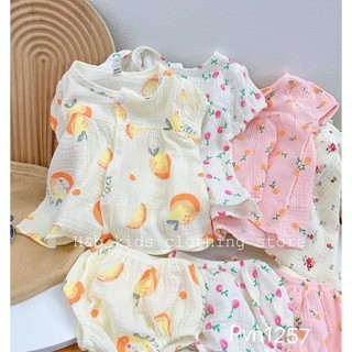 [Hàng thiết kế] Bộ bé gái siêu xinh vải Xô Muslin, đồ bộ cộc tay mùa hè - áo babydoll kèm quần chip Style Hàn Quốc