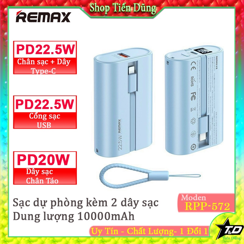 Pin sạc dự phòng nhanh 20w Remax RPP 572 dung lượng 10000mAh kèm 2 dây ...