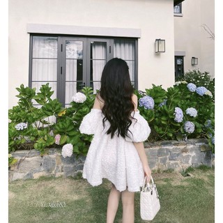 [RL29] Set Đầm Ren Babydoll Đi Biển Trễ Vai Cúp Ngực + Quần Short - Vải Ren + Tafta Fine + Lưới Cứng - Màu Trắng LINOIS