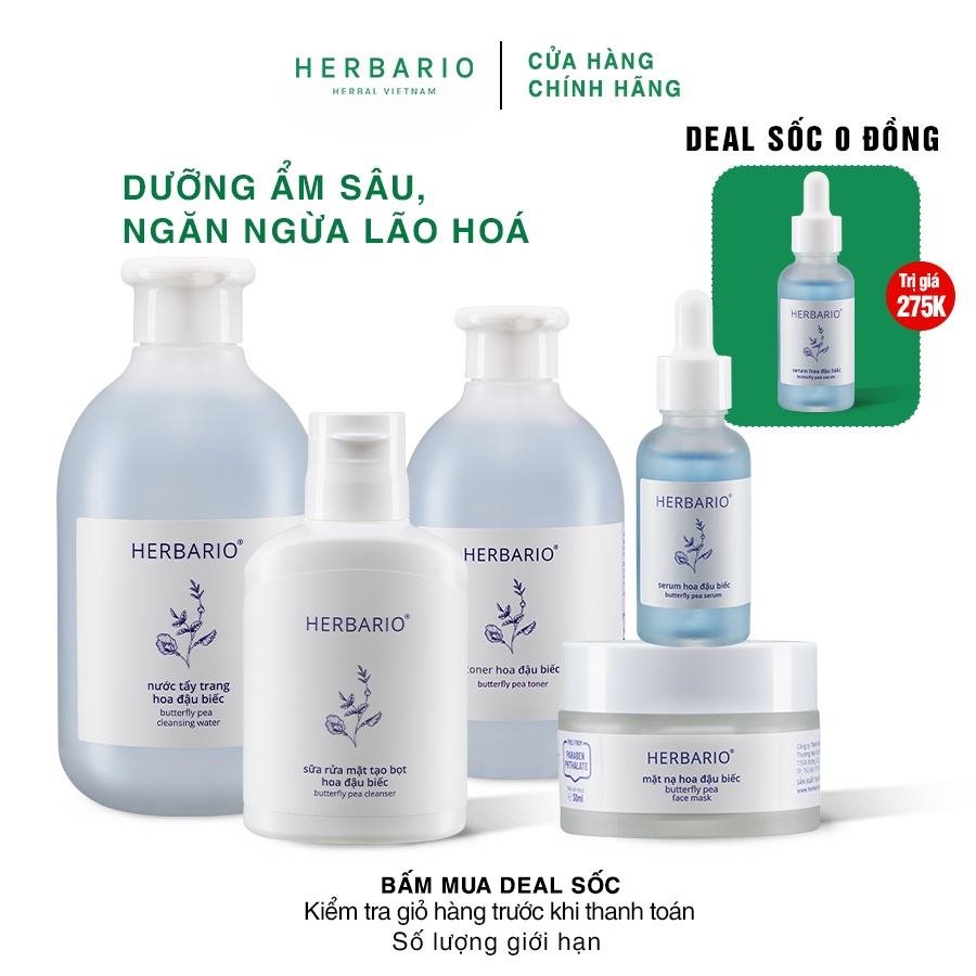 Bộ 5 dưỡng ẩm và trẻ hóa da toàn diện Hoa đậu biếc Herbario: Nước tẩy trang + Sữa rửa mặt + Toner + Serum + Mặt nạ