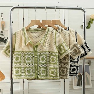 Áo len ren nữ đan móc, hoạ tiết ô vuông vintage, dáng len croptop 006