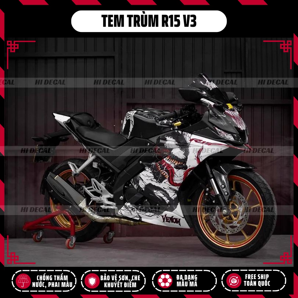 Tem trùm dán xe R15v3 venom màu trắng | R15-H017 | Decal dán xe R15 v3 chống nước, chống phai màu