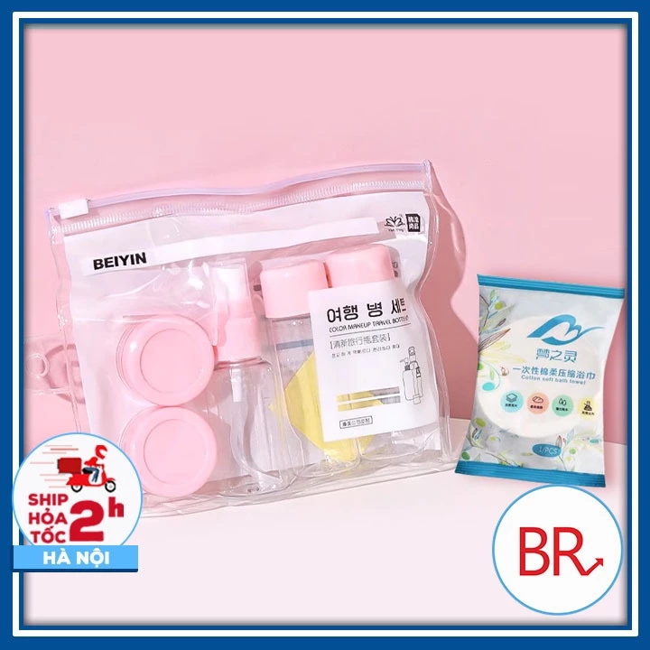 Combo Bộ chiết mỹ phẩm mini 7 món túi Zip Kèm Khăn tắm viên nén đi du lịch nhỏ gọn - Lọ chiết mĩ phẩm du lịch mini 01823