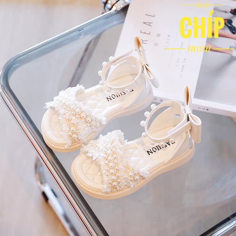 sandal bé gái dép quai hậu cho bé ren đính ngọc nơ sau xinh xắn công chúa siêu nhẹ êm chân QCCC 116 ( ảnh thật )