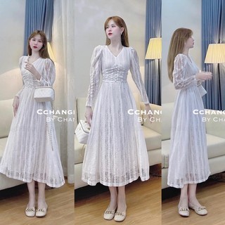 Váy Ren Khuy Bọc Cổ V Dáng Dài Hàng 2 Lớp Có Ảnh Thật