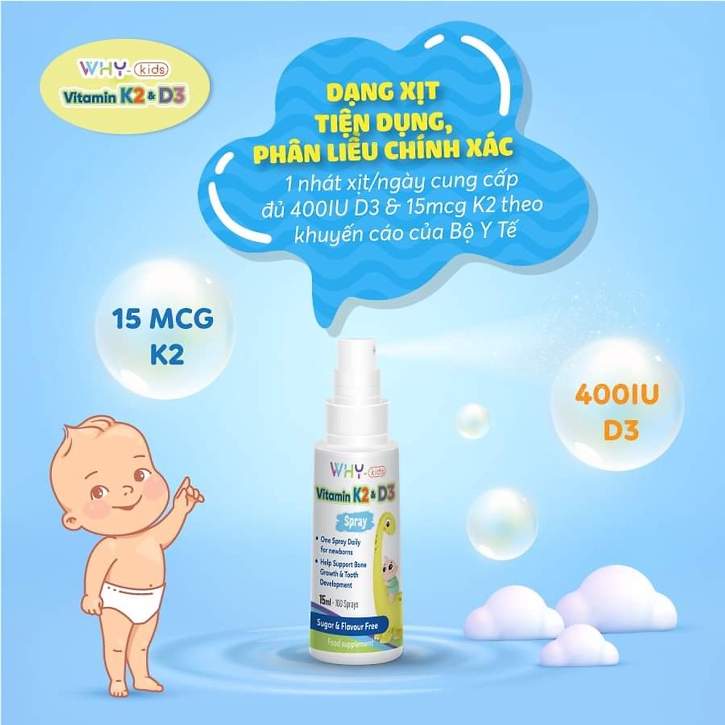 Chai xịt WhyKids bổ sung Vitamin D3 và K2 cho bé, hấp thu Canxi hỗ trợ phát triển chiều cao 15ml
