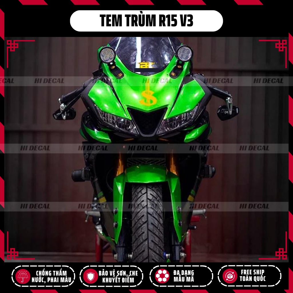 Tem trùm dán xe R15v3 màu xanh lá | Mẫu R15-H019 | Decal dán xe R15 v3 chống nước, chống phai màu