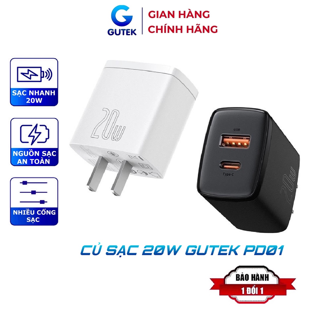 Củ sạc nhanh 20w Gutek PD01 Cốc sạc 2 cổng USB Type-C hỗ trợ QC3.0 PD cho điện thoại 8/X/11/12/13/14 Promax