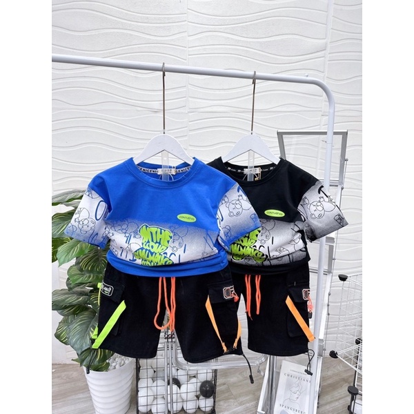(Hàng Quảng Châu) Bộ đồ bé trai 28-45kg-quần áo trẻ em size đại mùa hè gấu2226 ẢNH THẬT CLIP THẬT
