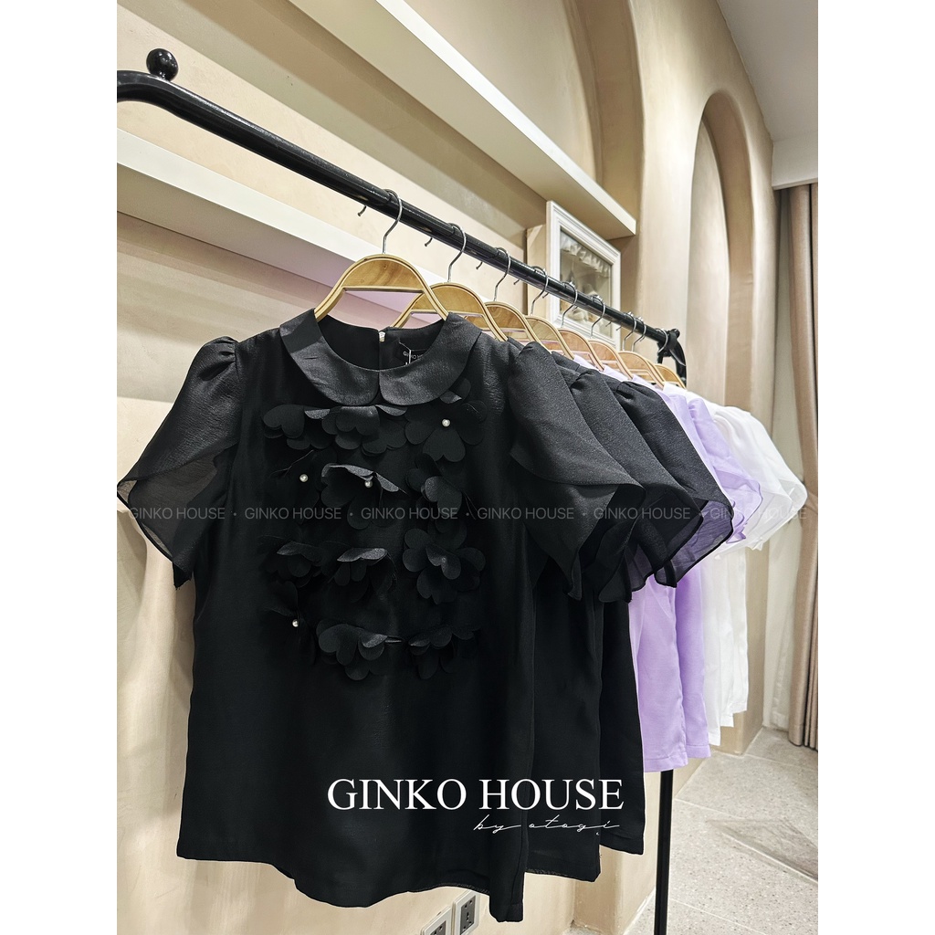 GINKO HOUSE_Sơ mi đính kết hoa cắt lazer, may 2 lớp dày dặn_ A2302