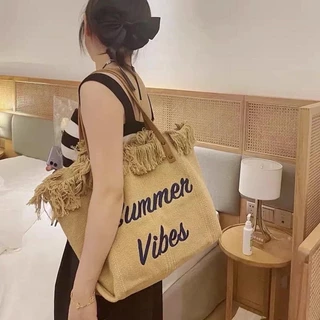 Túi Vải Summer Vibes Tua Rua Đựng Đồ Đi Chơi Đi Biển Cỡ Lớn