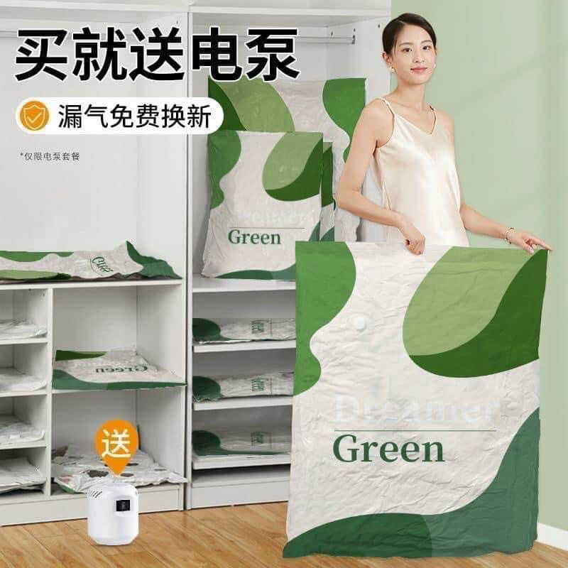 Set 6 Túi Hút Chân Không Quần Áo Chăn Màn GREEN Tặng Kèm Bơm Điện Cực Tiện Lợi ( túi hút chân không xanh lá)