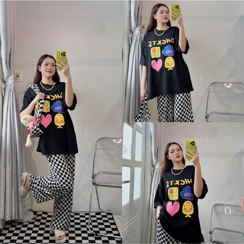 Đồ bộ nữ quần ống rộng suông bigsize ESHOP Đồ mặc nhà nữ cạp cao quần thun gân áo tay lửng in 3D co giãn đẹp SG68