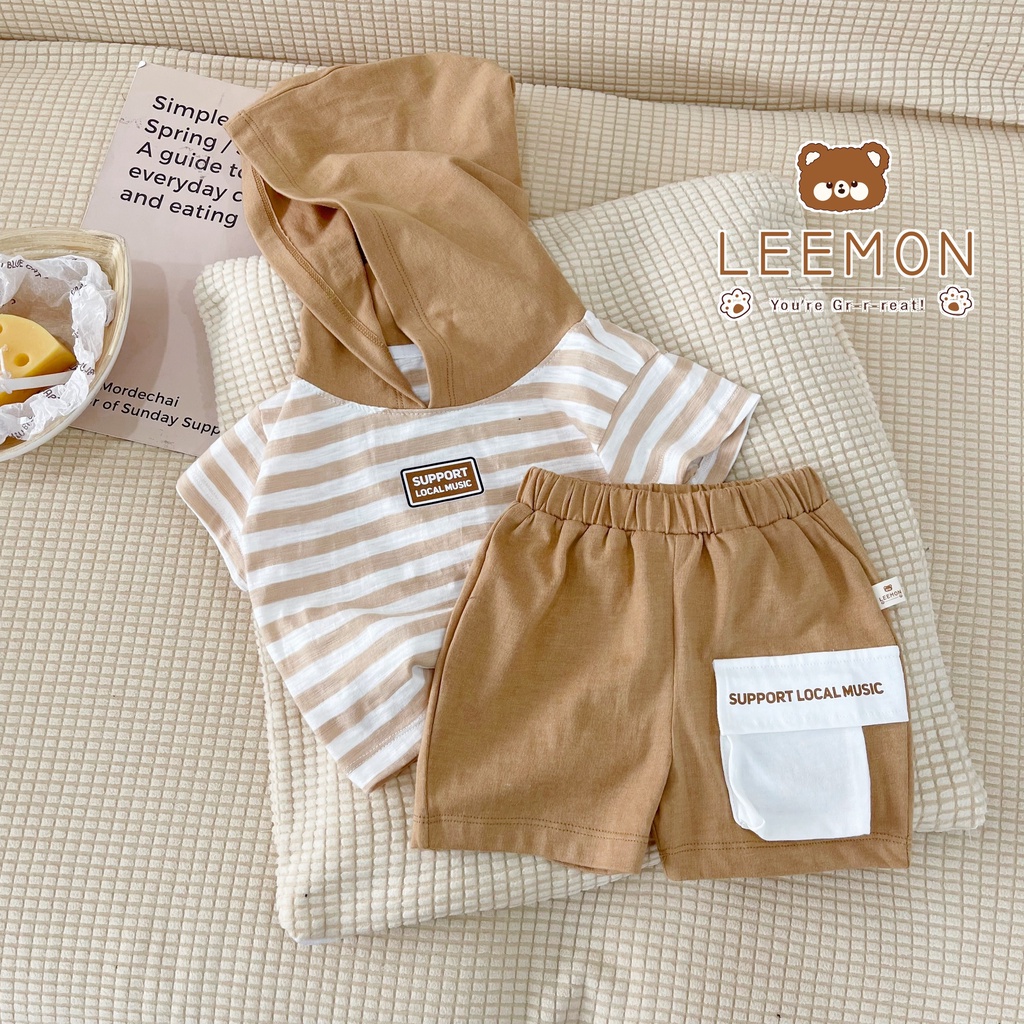 Bộ cotton kẻ ngang có mũ unisex cho bé, bộ hoddie sành điệu Leemon