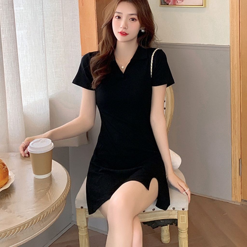 Váy nữ dáng xòe cổ polo chữ V đẹp và cá tính, Đầm body nữ xẻ tà trước gợi cảm và sexy STYLEY V003