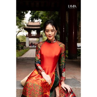 Áo dài truyền thống Lamia Design AD146  lụa cao cấp màu cam đỏ phối họa tiết tinh tế