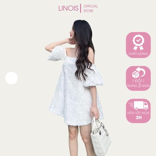 [RL29] Set Đầm Ren Babydoll Đi Biển Trễ Vai Cúp Ngực + Quần Short - Vải Ren + Tafta Fine + Lưới Cứng - Màu Trắng LINOIS