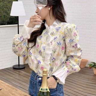 Áo Kiểu Cổ Cao Tay Dài Phối Bèo Hoạ Tiết Hoa Phong Cách retro Thời Trang Hàn Quốc