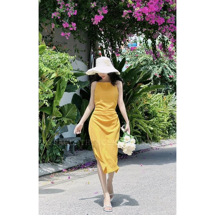 Váy EmeDress vàng- váy thiết kế xếp ly eo che bụng tôn dáng Emera