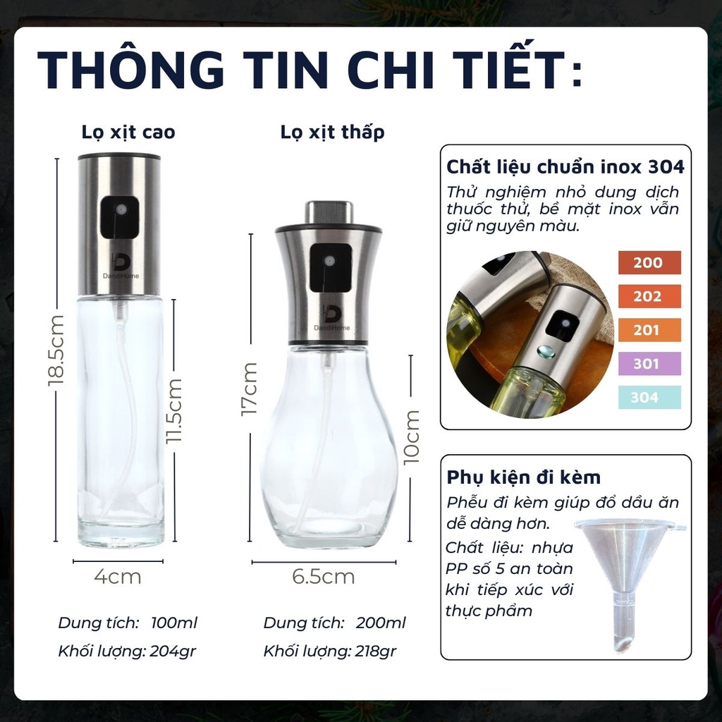 Ảnh Bình xịt dầu ăn DandiHome dạng phun sương kèm phễu sử dụng cho vỉ nướng, nồi chiên không dầu trong nhà bếp 3