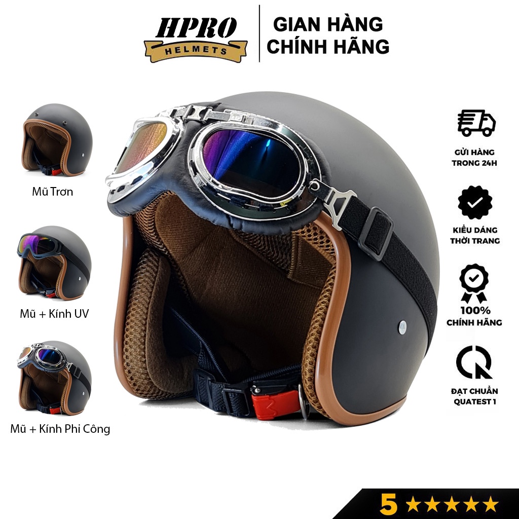 Ảnh Mũ bảo hiểm 3/4 đầu Sundy Helmets, màu đen nhám mạnh mẽ, cá tính, Freesize (54-58cm) kèm kính UV, phi công 1