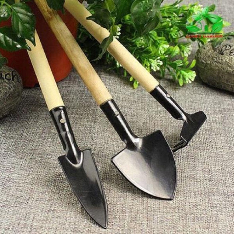 Dụng cụ làm vườn (mini, 3 món) tiện lợi, chuyên dụng trồng sen đá, cán gỗ