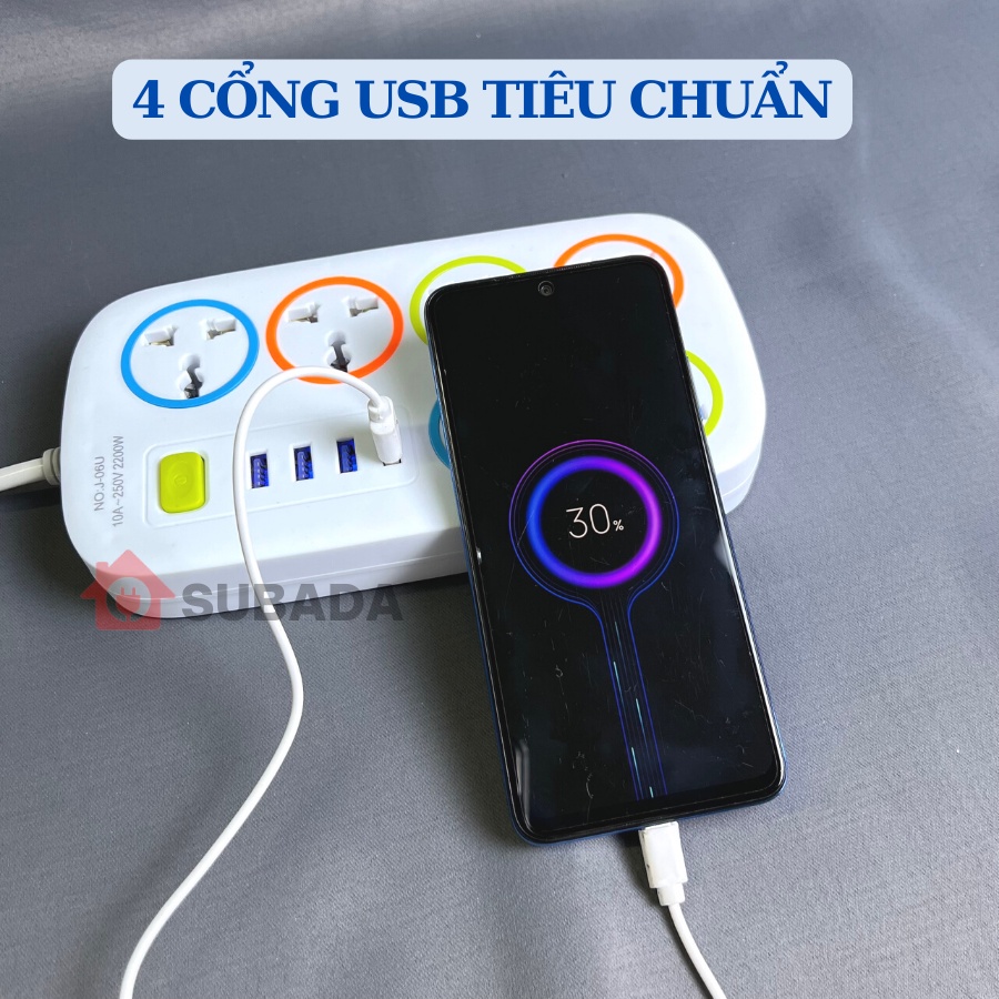Ổ Cắm Điện Đa Năng Thông Minh 2200w Dây Dài 1- 4,5m Có 4 Cổng USB Tiện Lợi Nút An Toàn Chống Giật Chống Cháy Nổ 3129
