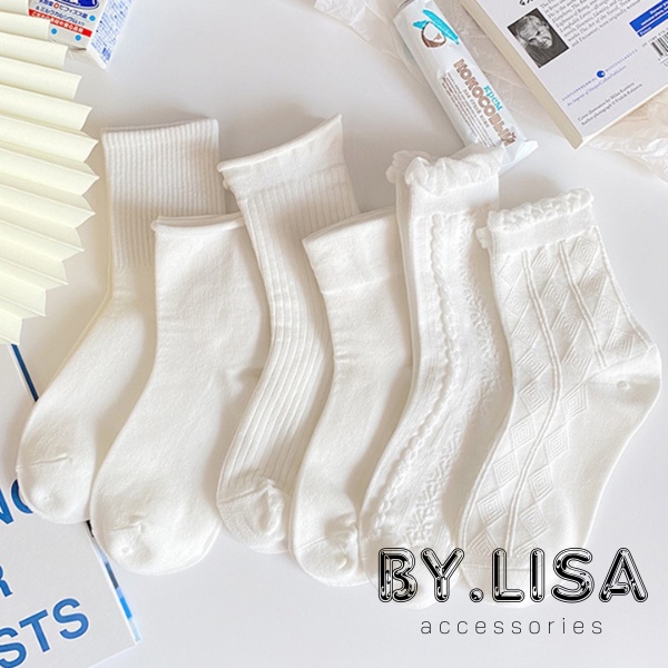 [Hàng đẹp]Tất nữ cổ cao màu trắng, tất nhún vớ nữ cổ ngắn đáng yêu, tất cotton thoáng khí màu sắc basic TN30