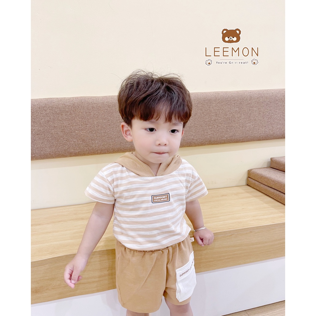 Bộ cotton kẻ ngang có mũ unisex cho bé, bộ hoddie sành điệu Leemon