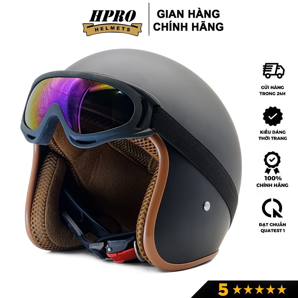 Ảnh Mũ bảo hiểm 3/4 đầu Sundy Helmets, màu đen nhám mạnh mẽ, cá tính, Freesize (54-58cm) kèm kính UV, phi công 2