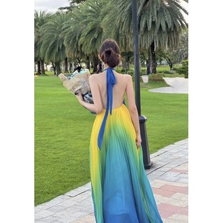 Maxi yếm ombre hở lưng xoắn cổ, sang chảnh, đi biển, du lịch vàng xanhn