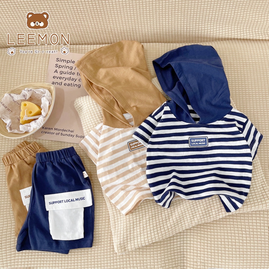 Bộ cotton kẻ ngang có mũ unisex cho bé, bộ hoddie sành điệu Leemon
