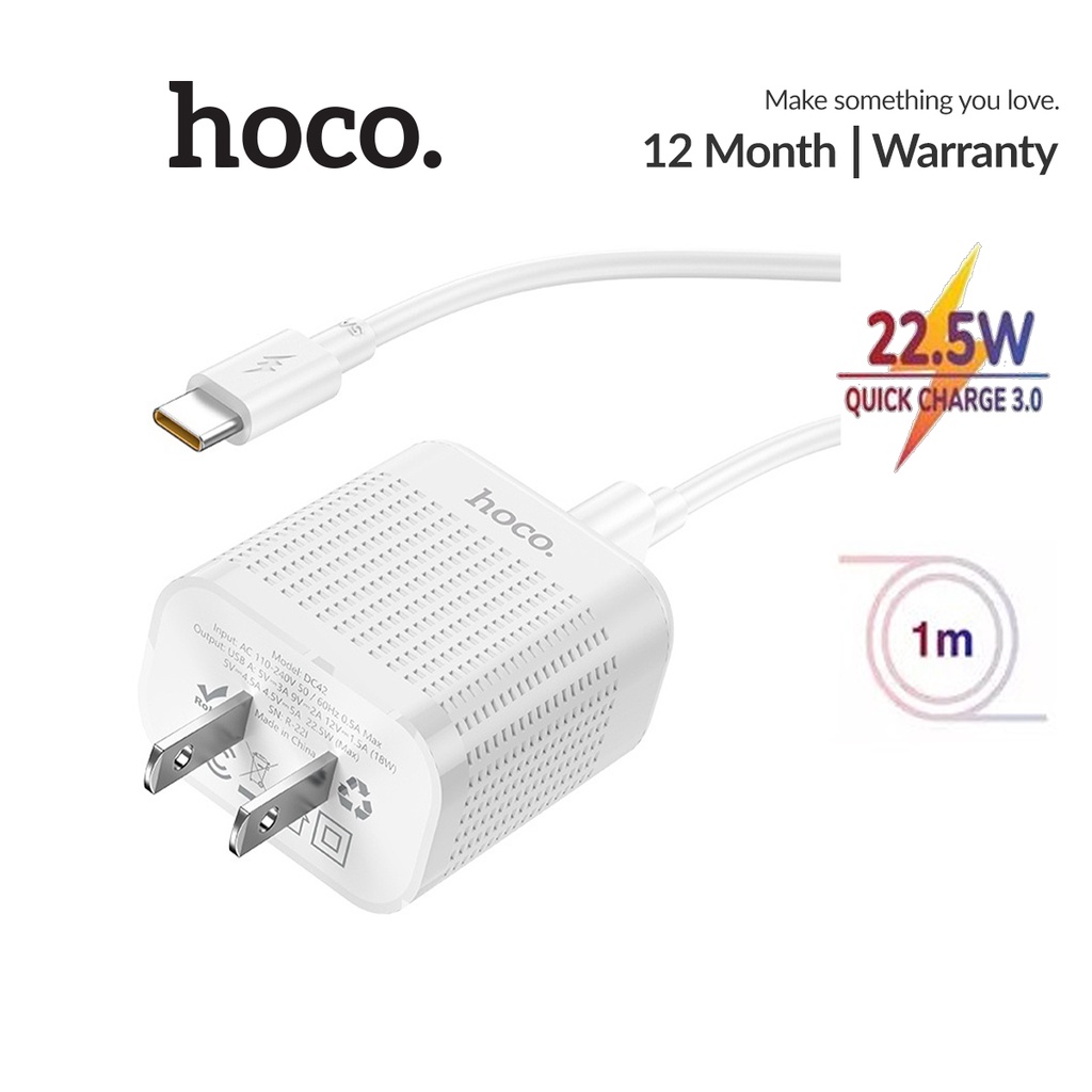 Bộ sạc nhanh 22.5W Hoco DC42 chân US 1 cổng USB kèm dây sạc dài 1M hỗ ...