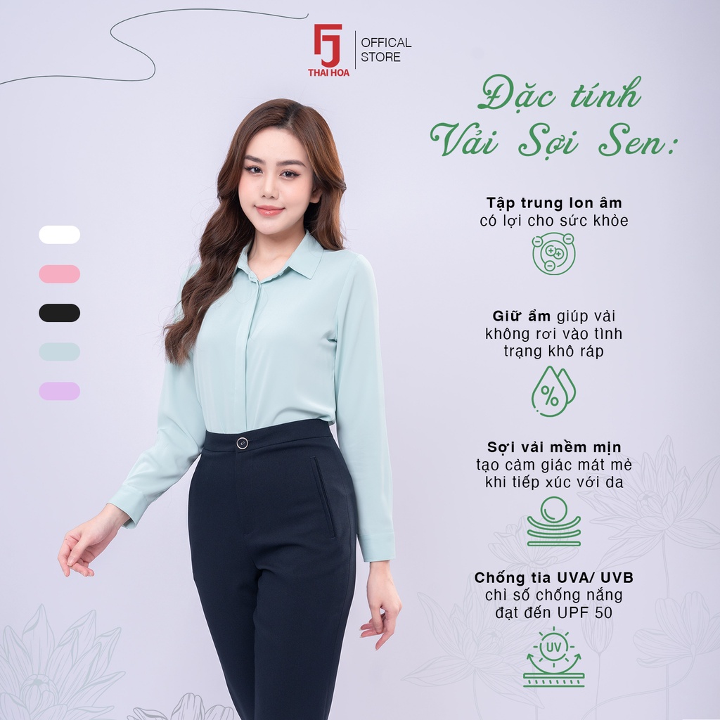Áo sơ mi nữ R17 thiết kế dài tay sợi sen trơn form suông công sở Thái Hòa