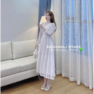 Váy Ren Khuy Bọc Cổ V Dáng Dài Hàng 2 Lớp Có Ảnh Thật