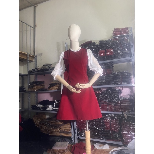 V01- dai váy 90cm Đầm(váy) tay lỡ phối tơ ánh nhũ chất chéo thái màu đen và đỏ (hàng có sẵn-kèm ảnh thật)