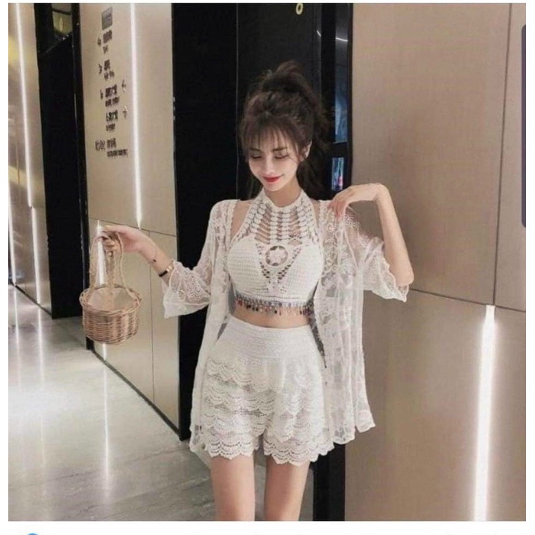 HH10-Ship hoả tốc-Set bikini ren đi biển 3 món bra yếm hạt mix quần sóc tầng giả váy và khoác hoa (có tách rời)