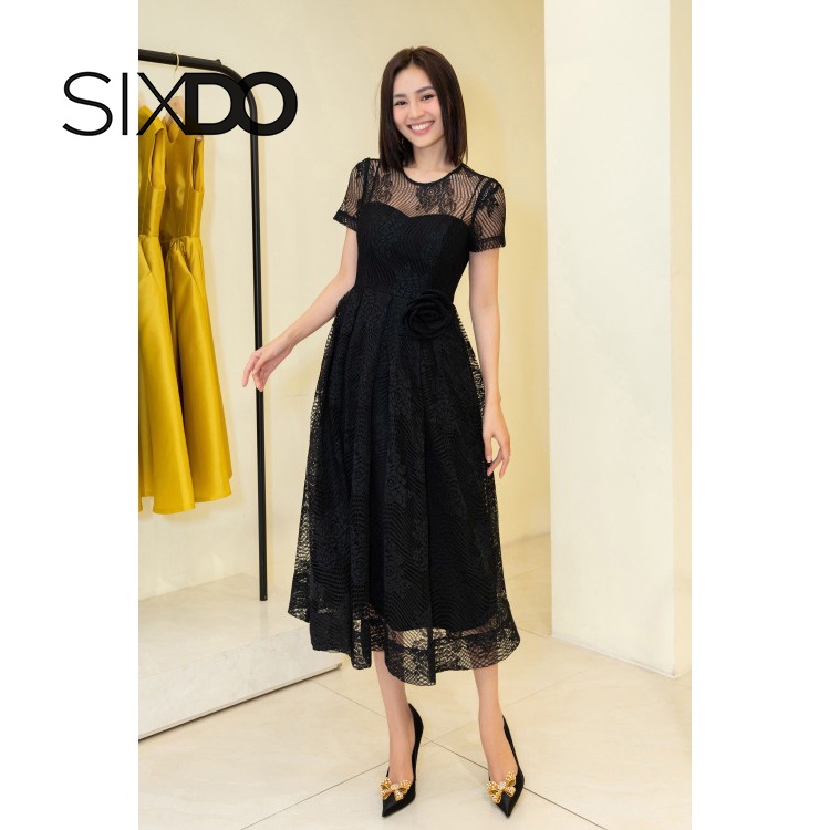 Đầm ren ngắn tay thời trang SIXDO Black Midi Lace Dress In The Show