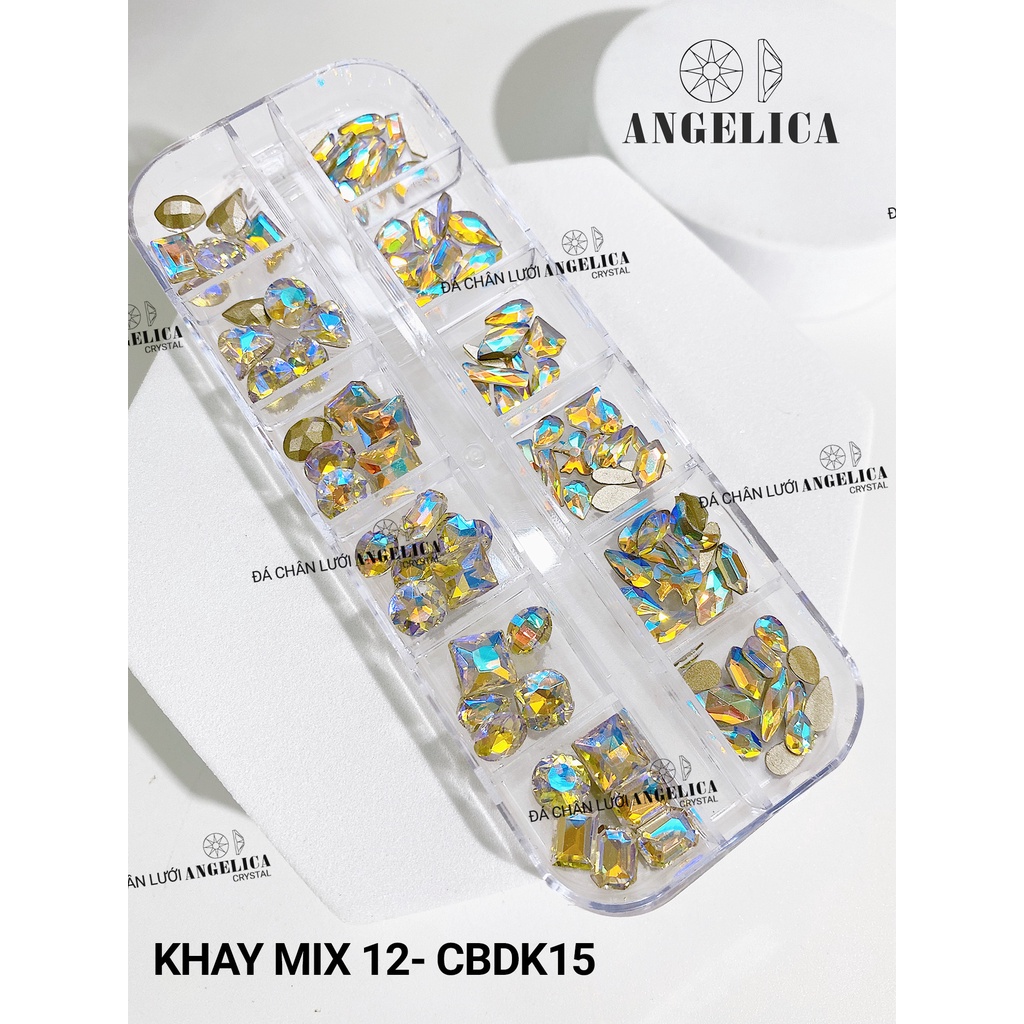 Khay 12 ô đá khối mix đá chân bằng đính nail trắng AB trang trí móng ANGELICA M12-CBDK