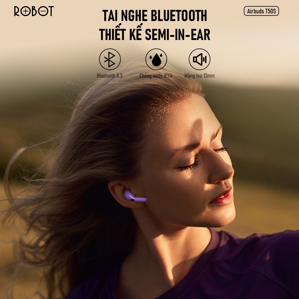 Ảnh Tai Nghe Bluetooth 5.3 ROBOT Airbuds T50S Semi InEar Kháng Nước IPX4 Âm Thanh Rõ Nét, Playtime 24h 2