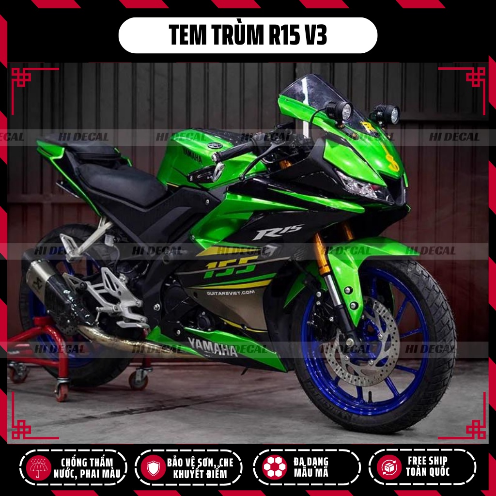 Tem trùm dán xe R15v3 màu xanh lá | Mẫu R15-H019 | Decal dán xe R15 v3 chống nước, chống phai màu