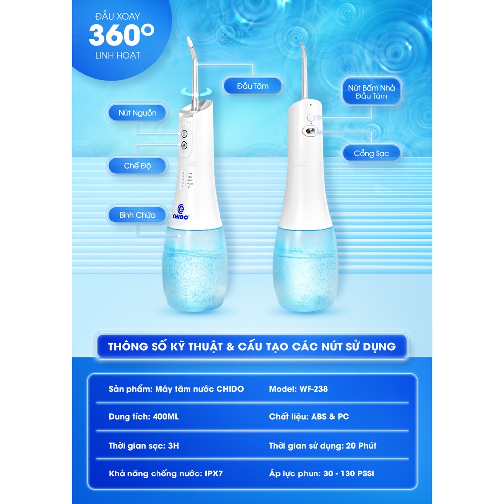 Máy Tăm Nước CHIDO Cầm Tay, 5 Đầu Phun Không dây Kèm Củ Sạc Túi Vải Đựng Đầu Xịt Và Máy Cao Cấp
