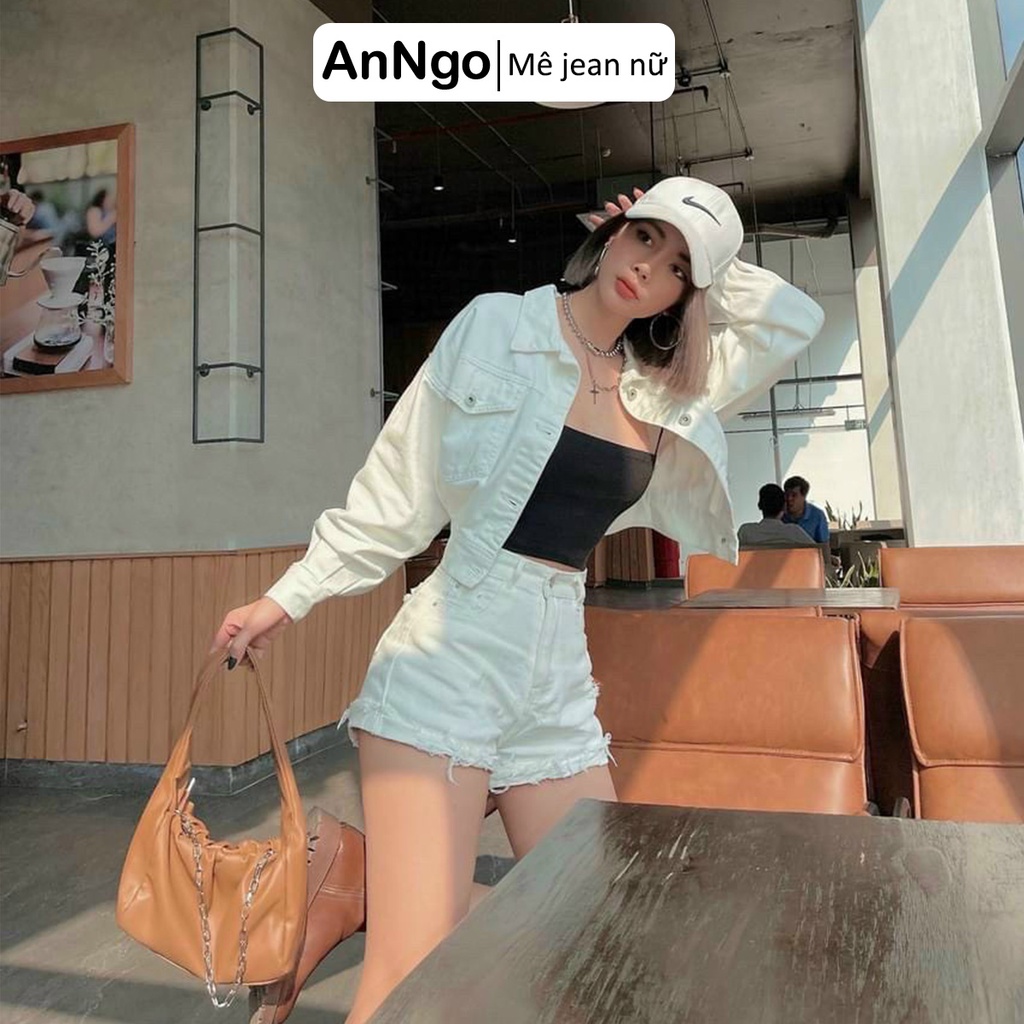 (Có big size) Quần short jean nữ trắng vải kaki lai tua rách dễ thương cá tính, dễ phối đồ AnNgo - AT228