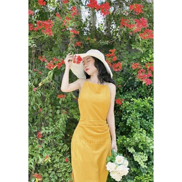 Váy EmeDress vàng- váy thiết kế xếp ly eo che bụng tôn dáng Emera