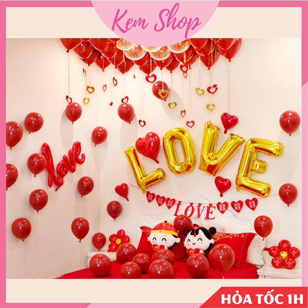 Dây chữ LOVE kèm chữ hỷ trái tim vải nỉ dạ màu đỏ trang trí đám cưới, phòng cưới - K337