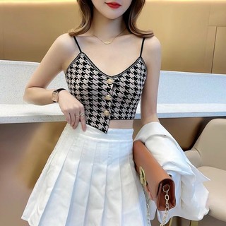 .Áo Croptop 2 Dây  Hoạ Tiết Karo  Đính Khuy Thiết kế Lệch Tà Quyến Rũ mã 0095.