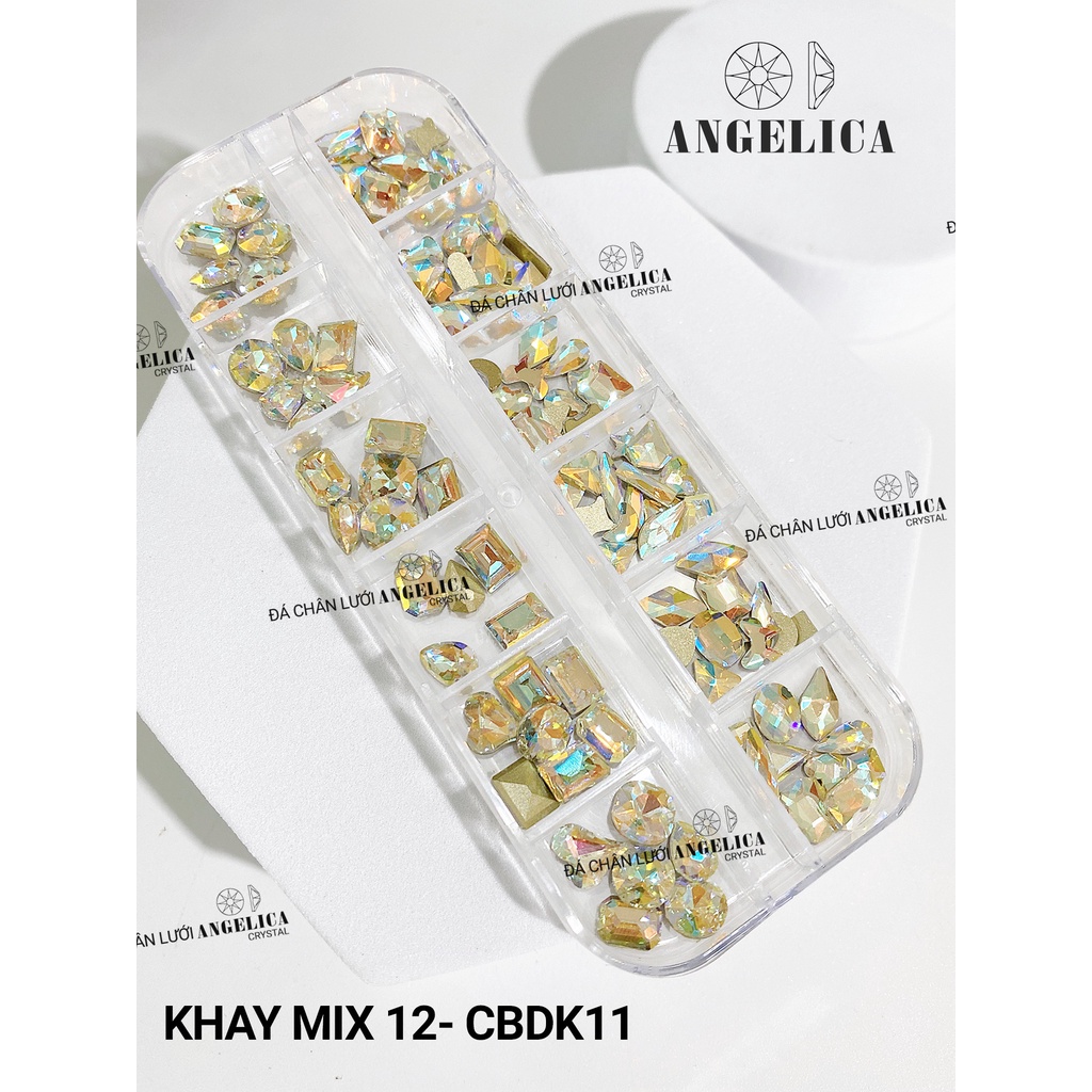 Khay 12 ô đá khối mix đá chân bằng đính nail trắng AB trang trí móng ANGELICA M12-CBDK
