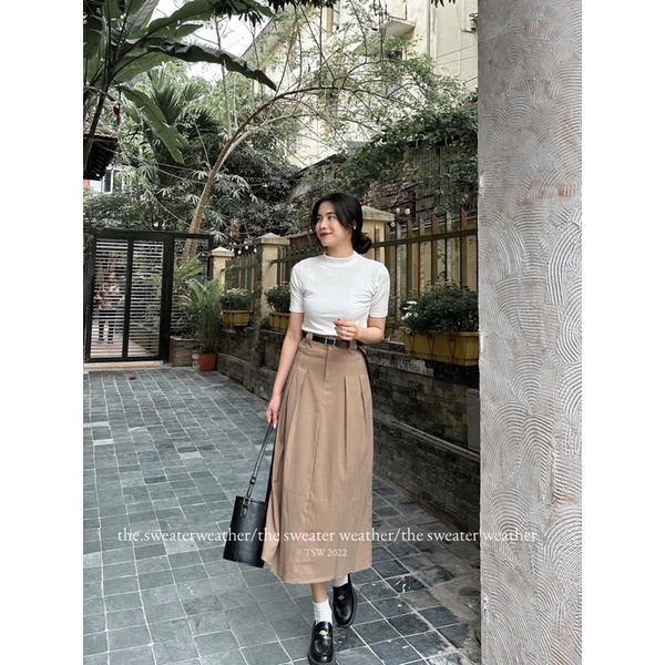 (Tặng kèm belt) Chân váy dáng A cài cúc xếp ly xoè dài the.sweaterweather TSW (ảnh thật)