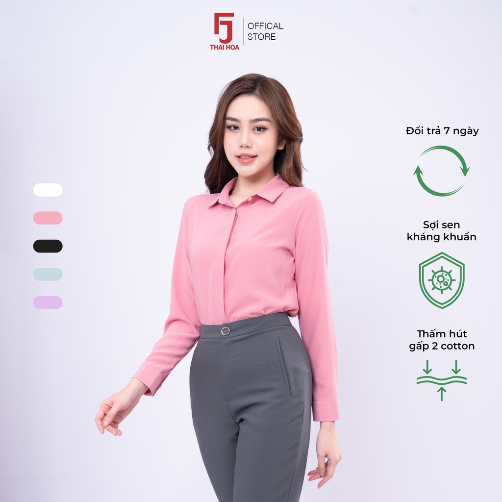 Áo sơ mi nữ R17 thiết kế dài tay sợi sen trơn form suông công sở Thái Hòa