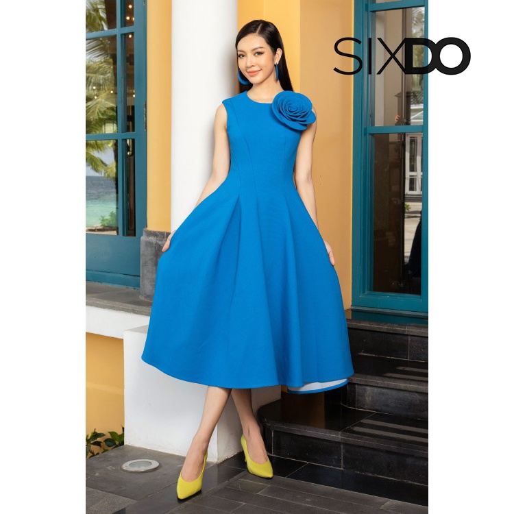 Đầm xòe sát nách phối nơ ngực thời trang SIXDO Dark Blue Sleeveless Midi Raw Dress